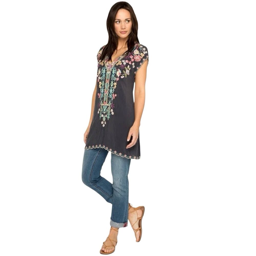Johnny Was Petunia Tunic Top Women S Blue Floral Embroidered Blouse Short Sleeve